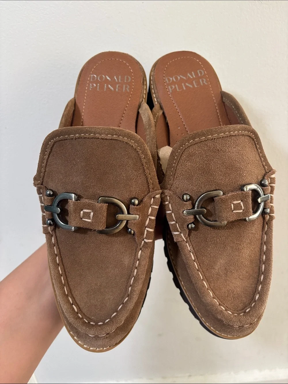 Donald J. Pliner Brown Suede Slip-On Loafers with Metal Bit